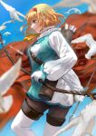  1girl arrow_(projectile) ascot bird black_pantyhose blonde_hair blue_bow blue_sky blunt_bangs blurry blurry_background blurry_foreground boots bow bow_(weapon) collar commentary dress feet_out_of_frame frilled_collar frills from_side gloves green_eyes hairband highres holding holding_bow_(weapon) holding_weapon long_sleeves looking_at_viewer medium_hair natalia_luzu_kimlasca_lanvaldear oda_itsuki orange_hairband outdoors pantyhose parted_lips quiver short_dress sky smile solo tales_of_(series) tales_of_the_abyss thigh_boots weapon white_footwear white_gloves wrist_bow yellow_ascot 