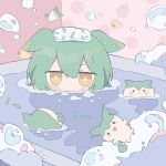  1girl animal_ears beans blush_stickers bright_pupils dot_nose double-parted_bangs floating_food foam green_hair half-closed_eyes highres hinase01 in_bathtub indoors mouth_submerged pastel_colors portrait rubber_duck solo towel towel_on_head voiceroid voicevox white_pupils yellow_eyes zundamon 