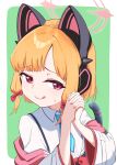  1girl animal_ear_headphones animal_ears blonde_hair blue_archive blue_necktie cat_tail closed_mouth collared_shirt fake_animal_ears fingernails halo headphones highres jacket long_sleeves looking_at_viewer momoi_(blue_archive) necktie open_clothes open_jacket pink_halo red_eyes shirt short_hair solo tail tongue tongue_out udon_f upper_body white_jacket white_shirt 