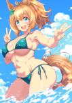  1girl alternate_costume animal_ears aqua_bikini armpits bare_shoulders bikini blue_eyes blue_sky blush breasts brown_hair cleavage cloud cloudy_sky commentary_request cowboy_shot day double_v hair_ornament highres horse_ears horse_girl horse_tail kaicho_(kaicho_p) large_breasts long_hair navel ocean open_mouth outdoors partially_submerged ponytail side-tie_bikini_bottom sky smile solo star_(symbol) star_hair_ornament stomach swimsuit taiki_shuttle_(umamusume) tail teeth umamusume upper_teeth_only v water wet 
