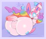  anthro balls big_butt biped butt clothing eeveelution frumples generation_6_pokemon genitals hi_res huge_butt legwear looking_at_viewer lying male nintendo on_back open_mouth penis pink_body pokemon pokemon_(species) solo sylveon thick_thighs thigh_highs 