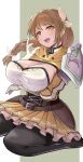  1girl arm_under_breasts black_corset braid braided_ponytail breasts brown_hair cleavage corset fire_emblem fire_emblem_engage gloves goldmary_(fire_emblem) hair_ribbon hatoboshi highres hooded_top kneeling large_breasts long_hair low_ponytail pantyhose ribbon side_ponytail single_shoulder_pad skirt solo white_ribbon yellow_eyes yellow_skirt 