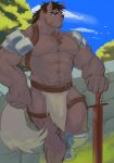  2024 abs anthro barazoku biceps big_muscles biped brown_body brown_fur canid canine canis fur hi_res looking_away male mammal mm96781 muscular muscular_anthro muscular_male pecs solo standing wolf 