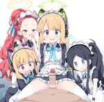 1boy 4girls absurdly_long_hair absurdres animal_ear_headphones animal_ears apron aris_(blue_archive) aris_(maid)_(blue_archive) bar_censor black_dress black_hair blonde_hair blue_archive blue_eyes blush cat_tail censored dress fake_animal_ears frilled_apron frilled_dress frills game_development_department_(blue_archive) garter_straps gradient_background green_eyes green_halo grey_eyes halo headphones highres long_hair long_sleeves looking_at_penis maid maid_apron maid_headdress midori_(blue_archive) midori_(maid)_(blue_archive) momoi_(blue_archive) momoi_(maid)_(blue_archive) multiple_girls official_alternate_costume open_mouth penis pink_halo puffy_short_sleeves puffy_sleeves red_eyes red_hair short_hair short_sleeves siblings side_ponytail simple_background sisters tail thighhighs twins very_long_hair white_apron white_background white_thighhighs yasunao_(yasunao-z) yellow_halo yuzu_(blue_archive) yuzu_(maid)_(blue_archive) 