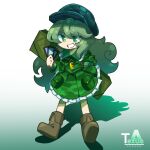  1girl :d ability_card_(touhou) boots box brown_footwear commentary curly_hair flat_cap full_body gradient_background green_background green_hair green_hat green_skirt hat highres key long_hair long_sleeves pocket signature skirt smile solo texusa1 touhou yamashiro_takane 