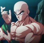  1boy bald black_eyes closed_mouth commentary_request dragon_ball dragon_ball_z male_focus muscular muscular_male rom_(20) solo tenshinhan third_eye topless_male upper_body 