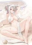  1girl :o absurdres arm_up azur_lane bare_arms bare_legs bare_shoulders barefoot bathroom bathtub blush breasts commentary completely_nude covered_pussy cropped full_body grey_hair highres knee_up large_breasts looking_at_viewer multicolored_hair nude official_alternate_costume on_floor open_mouth prinz_adalbert_(azur_lane) prinz_adalbert_(bathroom_slip_up)_(azur_lane) red_eyes red_hair shower_head solo streaked_hair suo_bu_ye_feng thighs toes towel towel_on_head twintails wet white_towel 