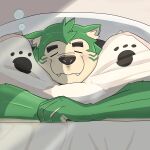  anthro bed bedding blanket blush canid canine canis domestic_dog eyebrows eyes_closed fur furniture green_body green_fur hi_res lifewonders live_a_hero lying male mammal mokdai on_front pillow sleeping smile solo thick_eyebrows toto3_official 