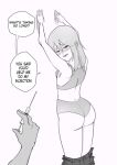  1girl 1other against_wall ass blush bra clothes_pull commentary dimples_of_venus english_commentary english_text fluoride_brain greyscale half-closed_eyes highres holding holding_syringe monochrome original panties skirt skirt_pull speech_bubble syringe underwear 