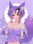 1girl absurdres animal_ear_fluff animal_ears artist_name awful_queen_(vtuber) breasts dreeeeameyes fox_ears fox_girl fox_tail heterochromia highres indie_virtual_youtuber large_breasts looking_at_viewer mole mole_under_eye monster_girl open_mouth own_hands_together purple_tail tail 