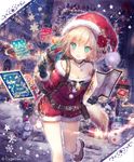  aqua_eyes bare_shoulders bell blonde_hair breasts christmas collar collarbone commentary_request dog facial_hair fur_trim hand_up hat holding index_finger_raised map merry_christmas mustache night onineko outdoors postcard santa_costume santa_hat shingeki_no_bahamut short_shorts shorts small_breasts snow snowman solo star tail thighs 