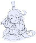  1girl blush charlotta_(granblue_fantasy) clenched_teeth crown gauntlets granblue_fantasy hand_on_own_hip harvin jingai_modoki long_hair looking_at_viewer monochrome one_eye_closed pointy_ears simple_background smile solo teeth twitter_username white_background 