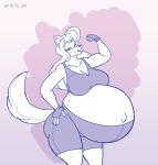  2024 anthro belly bicep_curl big_belly big_breasts bottomwear breasts canid canine canis clothing copyright_symbol digital_media_(artwork) domestic_dog female fingerless_gloves flexing gloves hair handwear looking_at_viewer mammal navel one_eye_closed outie_navel pregnant raquel_(satsumalord) satsumalord sketch solo symbol thick_thighs topwear wink winking_at_viewer 