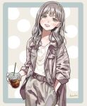  1girl absurdres belt cup disposable_cup drinking_straw green_eyes grey_hair grin gucheng_jianglixiang hand_in_pocket head_tilt highres holding holding_cup jacket long_hair looking_at_viewer original pants smile solo 