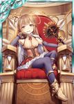  akkijin blonde_hair bored breasts card_(medium) clock clockwork looking_at_viewer official_art open_mouth orange_eyes shinkai_no_valkyrie sitting small_breasts solo staff thighhighs throne weapon 