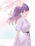  1girl arms_behind_back blush breasts cherry_blossoms commentary dress fate/stay_night fate_(series) hair_ribbon highres long_hair looking_at_viewer matou_sakura official_alternate_costume open_mouth petals purple_eyes purple_hair red_ribbon ribbon short_sleeves siino smile solo 