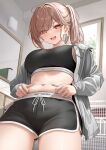  1girl :d black_shorts black_sports_bra blush breasts brown_hair commentary_request eyes_visible_through_hair from_below grey_jacket highres imouto-chan_(monaka_curl) indoors jacket large_breasts long_hair long_sleeves looking_at_viewer looking_down monaka_curl navel open_clothes open_jacket open_mouth orange_eyes original ponytail short_shorts shorts smile solo sports_bra stomach 