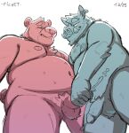  anthro balls bear belly belly_to_belly duo ear_piercing ejaculation genitals handjob hi_res humanoid_genitalia male male/male mammal nipple_piercing nipples overweight overweight_anthro penile penis pichetlepichet piercing sex signature standing suid suina sus_(pig) tail tusks wild_boar 