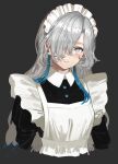  1girl alternate_costume apron black_background black_dress blue_hair blush closed_mouth collared_dress cropped_torso dress enmaided expressionless grey_eyes grey_hair hair_over_one_eye highres isekai_joucho isshiki_(ffmania7) kamitsubaki_studio long_bangs looking_at_viewer maid maid_apron maid_headdress multicolored_hair one_eye_covered signature simple_background solo streaked_hair upper_body virtual_youtuber white_apron 