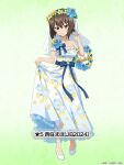  1girl blue_dress blue_sash bridal_veil brown_eyes brown_hair character_name closed_mouth commentary_request dress english_text floral_print full_body girls_und_panzer girls_und_panzer_senshadou_daisakusen! green_background head_wreath high_heels long_dress looking_at_viewer nishizumi_maho off-shoulder_dress off_shoulder official_alternate_costume official_art print_dress sash short_hair short_sleeves skirt_hold smile solo standing star_(symbol) translated veil watermark white_footwear 