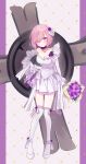  1girl absurdres alternate_costume bouquet breasts bride cleavage collarbone commentary_request dress fate/grand_order fate_(series) flower full_body hair_flower hair_ornament hair_over_one_eye harukappa highres holding holding_bouquet looking_at_viewer mash_kyrielight medium_breasts one_eye_covered pink_hair purple_eyes purple_flower purple_rose rose shield short_hair solo thighhighs white_dress white_footwear white_thighhighs 