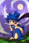  1boy blue_eyes blue_hair blue_wristband blush commission covered_mouth donbe full_body full_moon highres holding holding_sword holding_weapon japanese_clothes looking_at_viewer male_focus moon on_grass on_one_knee ponytail shin_onigashima short_hair skeb_commission solo sword weapon yumechi 