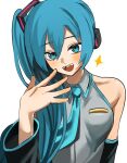  1girl aqua_necktie black_sleeves blush broken_miku&#039;s_tail_(meme) collared_shirt commentary english_commentary hair_between_eyes hand_up hatsune_miku hatsune_miku_(noodle_stopper) headphones highres long_hair long_sleeves looking_at_viewer meme mykokampfwagen necktie open_mouth shirt side_ponytail simple_background single_bare_shoulder sleeveless sleeveless_shirt smile solo sparkle upper_body very_long_hair vocaloid white_background 