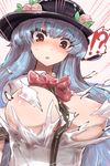  1girl areolae bangs black_hat blue_hair bow bowtie breasts commentary_request emphasis_lines exploding_clothes food fruit hat highres hinanawi_tenshi kaizu_(kaizukurodai) large_breasts long_hair peach red_eyes red_neckwear shirt short_sleeves solo surprised sweatdrop touhou upper_body white_background white_shirt 