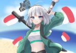  1girl absurdres ahoge amanozyaku8901 beach bikini black_hairband blurry blurry_background closed_mouth commentary_request green_jacket grey_eyes grey_hair hairband highres holding holding_sword holding_weapon jacket konpaku_youmu konpaku_youmu_(sunny_dual-wielder) looking_at_viewer multiple_swords navel ocean outdoors short_hair sky smile solo swimsuit sword sword_behind_back textless_version touhou touhou_lostword upper_body weapon white_bikini 