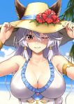  1girl abo_(hechouchou) armlet bracelet breasts cleavage ears_through_headwear erune flower granblue_fantasy hair_tubes hat hat_flower heles heles_(summer)_(granblue_fantasy) hibiscus jewelry official_alternate_costume one-piece_swimsuit one_eye_closed solo straw_hat sun_hat swimsuit white_one-piece_swimsuit 
