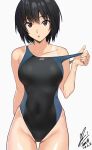  1girl amagami black_eyes black_hair breasts clothes_pull collarbone competition_swimsuit covered_navel dated highleg highres looking_at_viewer medium_breasts nanasaki_ai one-piece_swimsuit one-piece_swimsuit_pull open_mouth short_hair signature simple_background solo swimsuit tan tanlines yoo_tenchi 