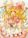  1girl animal_ears blonde_hair crystal_wings fake_animal_ears flandre_scarlet frills gloves hat hat_ribbon highres lily_k_oekaki marker_(medium) open_mouth rabbit_ears red_eyes red_ribbon ribbon solo touhou traditional_media white_gloves wrist_cuffs 