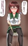  1girl arms_behind_back black_legwear black_ribbon blush bondage breasts brown_background brown_hair chair crying embarrassed eyebrows_visible_through_hair female gradient_hair green_sailor_collar green_skirt half-closed_eyes have_to_pee heart highres indoors kantai_collection looking_at_viewer multicolored_hair mutsuki_(kantai_collection) nabuki32 open_mouth pantyhose peeing peeing_self pleated_skirt red_eyes red_hair ribbon rope sailor_collar shirt short_hair short_sleeves simple_background sitting skirt solo speech_bubble spoken_heart talking tears text translation_request trembling wet_clothes white_shirt 