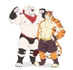  2boys absurdres animal_ears armpits averting_eyes bara bear_boy bear_ears belly bulge closed_eyes colored_sclera cross_scar eyepatch fingerless_gloves flexing fortnite gloves grey_shorts grin hands_on_own_hips highres knee_pads large_pectorals male_focus multicolored_fur multiple_boys muscular muscular_male nipples orange_fur oscar_(fortnite) pectorals polar_patroller_(fortnite) red_scarf scar scar_across_eye scarf sharp_toenails shorts smile stardog tail thick_arms thick_navel_hair thick_neck thick_thighs thighs tiger_ears tiger_stripes tiger_tail toeless_footwear toenails topless_male twitter_username whiskers white_fur yellow_sclera 