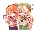  2girls alonemistrist blonde_hair celine_(fire_emblem) closed_mouth dress etie_(fire_emblem) facing_viewer fire_emblem fire_emblem_engage green_dress green_eyes green_hat hair_between_eyes hat holding_another&#039;s_arm jacket long_hair looking_at_another multiple_girls official_alternate_costume open_mouth orange_hair shirt skirt v very_long_hair w white_background 