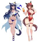  2girls animal_ears bikini blue_bikini blue_hair breasts brown_hair cleavage cup detached_sleeves ear_covers full_body gentildonna_(umamusume) hat highres holding holding_cup horse_ears horse_girl horse_tail juice looking_at_viewer multiple_girls purple_eyes red_eyes simple_background smile swimsuit tail thigh_strap umamusume unfinished verxina_(umamusume) vococo white_background white_hat 