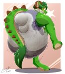  absurd_res anthro big_diaper blush diaper dragon extremius_amphibious feces green_body green_hair green_skin hair hi_res horn looking_back male messy messy_diaper mythological_creature mythological_scalie mythology plaid print_diaper raised_leg rear_view scalie smile soiling solo 