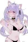  1girl animal_ear_fluff animal_ears bandaid bandaid_on_arm bandaid_on_leg bikini black_bikini blush breasts cat_ears cat_girl cat_tail cleavage collarbone highres hololive large_breasts long_hair mofumin nekomata_okayu one_eye_closed purple_eyes purple_hair purple_tail simple_background solo swimsuit tail twintails virtual_youtuber white_background 