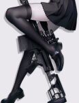  1girl black_footwear black_skirt black_thighhighs commentary english_commentary gun highres holding holding_gun holding_weapon leg_focus lower_body original pleated_skirt rifle shadow siiar_(lvlcmxcix) simple_background skirt solo thighhighs thighs weapon white_background 