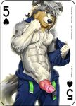  2017 abs animal_genitalia animal_penis anthro biceps canine canine_penis card clothed clothing digital_media_(artwork) dog english_text erection fonyaa fur knot male mammal muscular muscular_male pecs penis playing_card simple_background smile solo standing text topless undressing white_background 