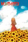  blue_sky brown_hair cloud cloudy_sky commentary_request copyright_name day dress facing_away field flower flower_field from_behind glint harau hinawa long_hair mother_(game) mother_3 outdoors red_dress sky solo standing sunflower 