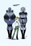  1girl 1other androgynous ass bent_over blonde_hair breasts crotch crotch_seam doll_joints hair_between_eyes highres joints medium_breasts namaniku_atk original pussy robot_girl robot_joints short_hair sidelocks simple_background swept_bangs tall_female white_background 