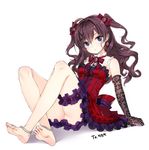  ahoge anklet arm_support ass bare_shoulders barefoot blue_eyes bow brown_hair dress earrings elbow_gloves eyebrows_visible_through_hair feet floating_hair full_body gloves hair_between_eyes hair_bow highres ichinose_shiki idolmaster idolmaster_cinderella_girls jewelry kuro_(kuronell) leg_garter long_hair looking_at_viewer neck_ribbon pinafore_dress red_dress ribbon shiny shiny_skin short_dress sitting sleeveless smile soles solo striped striped_bow striped_ribbon twintails white_background 
