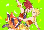  2girls aikatsu! aikatsu!_(series) armpits bad_id bad_twitter_id bare_shoulders blonde_hair closed_eyes dancing detached_sleeves dress dutch_angle facing_another green_background hand_on_another&#039;s_waist high_heels idol idol_clothes kurebayashi_juri long_hair multiple_girls open_mouth orange_dress outstretched_arm petals ponytail red_dress red_hair shinjo_hinaki shiontaso shoes short_hair smile standing standing_on_one_leg sun_print 