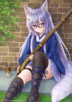  1girl absurdres animal_ear_fluff animal_ears antique_firearm arquebus black_thighhighs blue_skirt brick_wall brown_eyes brown_footwear can canned_coffee closed_mouth commentary_request drink_can feet_out_of_frame firelock glasses grey_hair gun hair_between_eyes hair_ornament hairclip highres iroha_(iroha_matsurika) japanese_clothes kimono knee_up long_hair long_sleeves matchlock mole mole_under_eye original pleated_skirt purple_eyes red-framed_eyewear sandals semi-rimless_eyewear sitting skirt solo tail thighhighs twitter_username under-rim_eyewear very_long_hair weapon white_kimono wide_sleeves wolf_ears wolf_girl wolf_tail zouri 