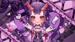  absurdres bandages black_nails bow breasts chain claw_ring cleavage crack cracked_glass cracked_phone earrings fangs gauze_on_cheek hair_ornament hand_mirror heart heart_in_eye highres horns indie_virtual_youtuber jewelry makeup_brush mirror nail_polish_bottle o-ring open_mouth purple_hair purple_theme red_bow red_eyes red_horns rengoku_otone ring serurosu symbol_in_eye virtual_youtuber 