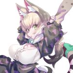  1girl absurdres animal_ears belt bow bowtie camouflage cat_ears cat_girl cat_tail elbow_gloves extra_ears fingerless_gloves gloves green_eyes grey_hair highres jacket jungle_cat_(kemono_friends) kemono_friends kemono_friends_v_project long_hair looking_at_viewer lowlandgorilla ribbon shirt simple_background skirt solo tail twintails upper_body virtual_youtuber 