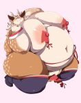 anthro areola balls belly big_belly blush bottomwear brown_body brown_fur clothing deer fupa fur genitals hi_res huge_belly huge_moobs kazusa legwear loincloth male mammal markings moobs nautupark navel nipples overweight pasties solo spots spotted_body spotted_fur stockings tamacolle thick_thighs