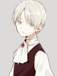 blouse blue_eyes chisumi commentary_request copyright_request cravat eyebrows_visible_through_hair gem grey_background long_sleeves looking_at_viewer male_focus parted_lips silver_hair simple_background solo upper_body vest white_neckwear 