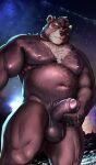  2024 anthro balls bear belly_hair biceps bodily_fluids body_hair chest_hair dripping erection foreskin genital_fluids genitals gigasaddle holding_penis looking_at_viewer low-angle_view male mammal manly mature_male musclegut muscular muscular_legs muscular_thighs navel night nipples nude outside pecs penis precum precum_drip precum_on_hand pubes slightly_chubby solo standing star triceps vein veiny_penis yellow_eyes 